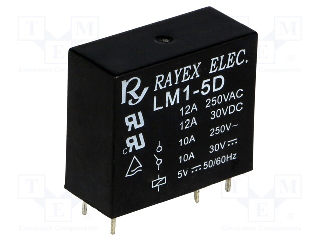 Relay: electromagnetic; SPDT; Ucoil: 5VDC; 12A/250VAC; 12A/30VDC