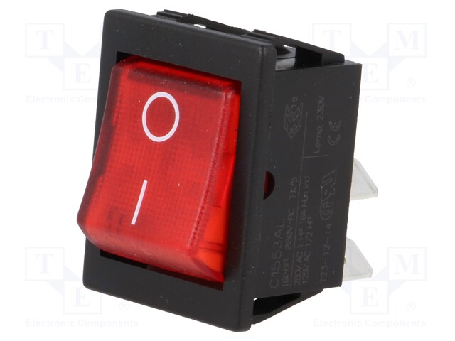 ROCKER; DPST; Pos: 2; OFF-ON; 16A/250VAC; 20A/28VDC; red; Body: black