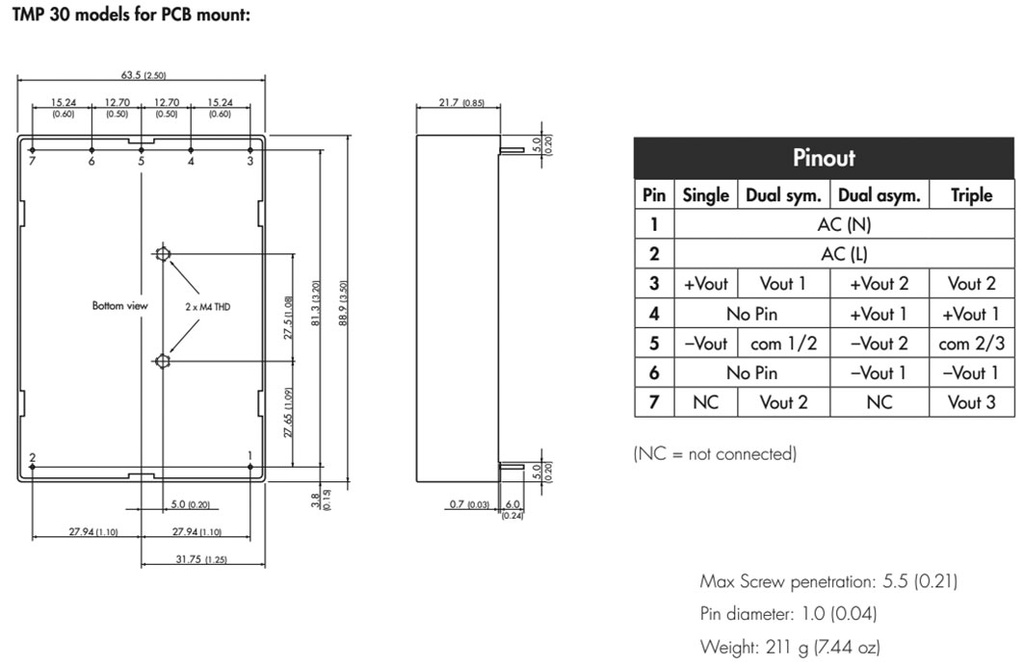 Converter: AC/DC; 30W; Uout: 5VDC; Iout: 4.5A; 71%; Mounting: PCB