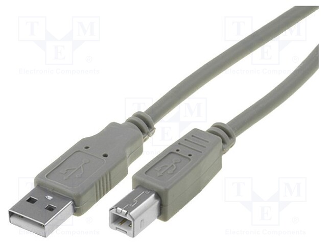 Cable; USB 2.0; USB A plug,USB B plug; nickel plated; 5m; grey