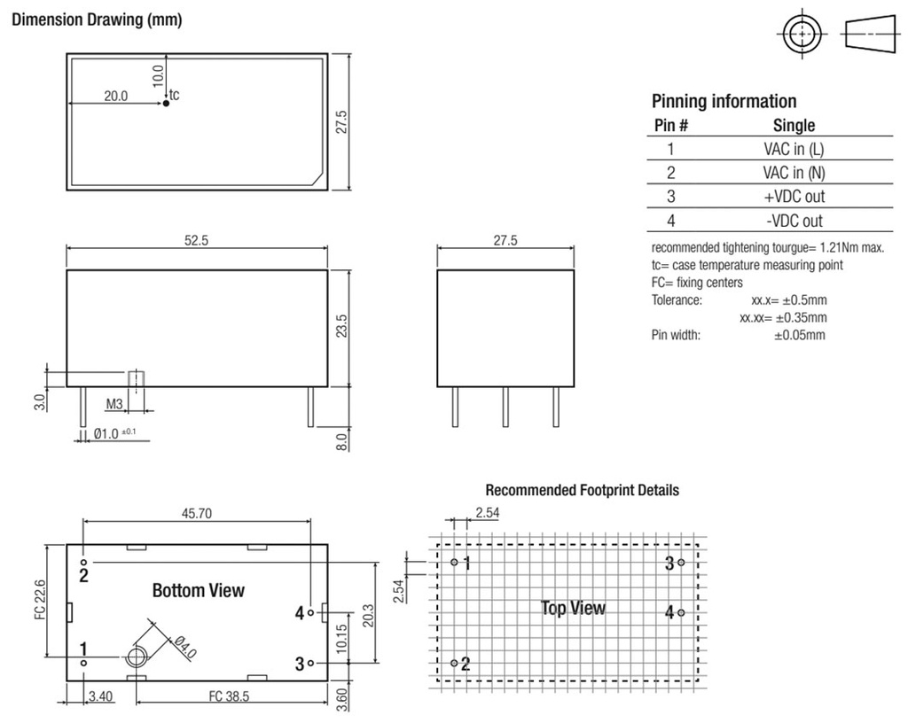 Converter: AC/DC; 20W; Uout: 24VDC; Iout: 833mA; 83%; Mounting: PCB