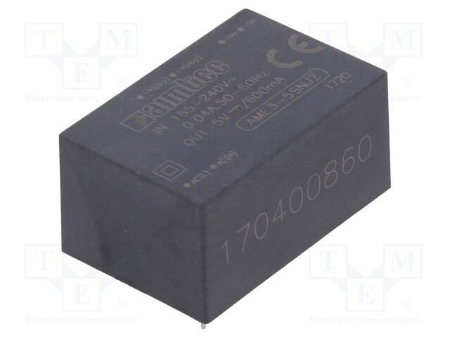 Converter: AC/DC; 3W; Uout: 5VDC; Iout: 0.6A; 71%; Mounting: PCB; 3kV