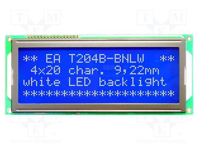 Display: LCD; alphanumeric; STN Negative; 20x4; blue; LED; 146x62mm