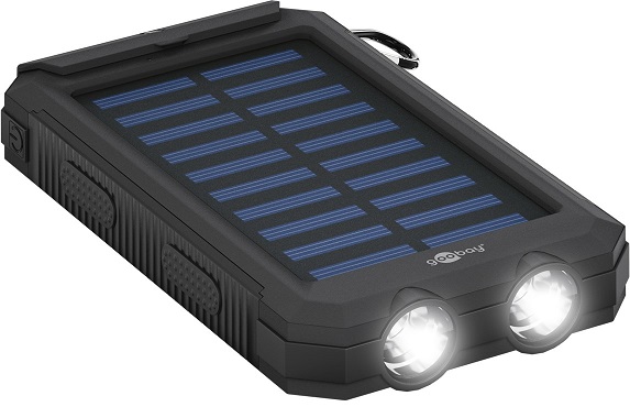 Re-battery: outdoor powerbank; solar panel, torch, 8000mAh; 2A; Out: USB; Colour: black; 5VDC