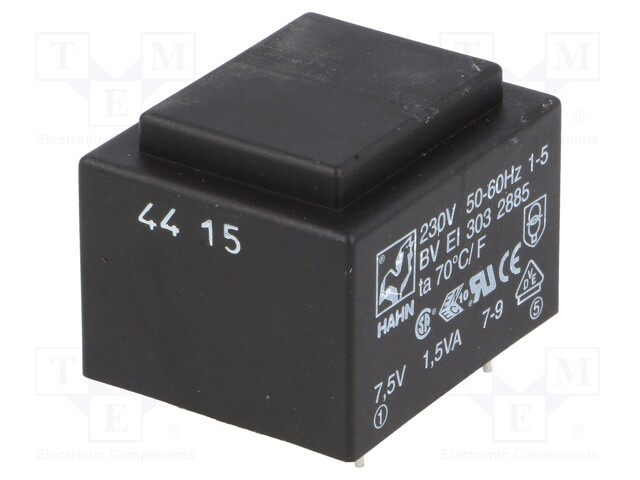 Transformer: encapsulated; 1.5VA; 230VAC; 7.5V; 200mA; 81g