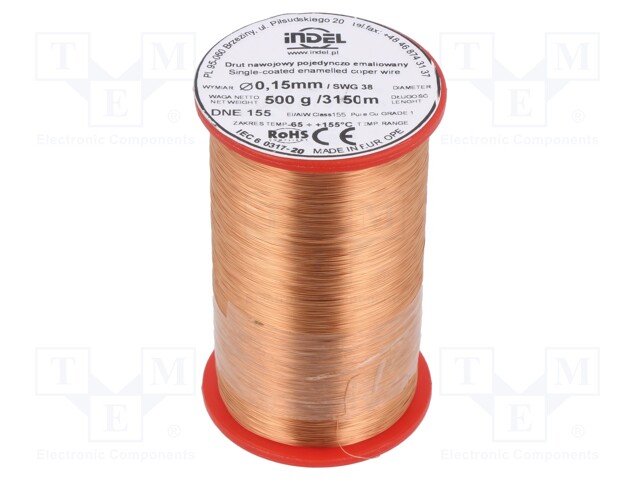 Coil wire; single coated enamelled; 0.15mm; 500g; -65÷155°C