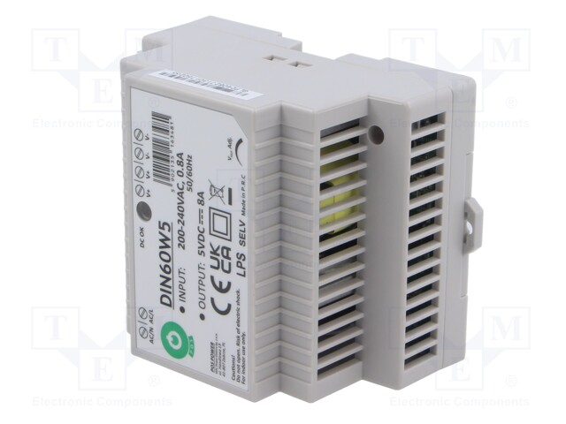 Power supply: switching; for DIN rail; 40W; 5VDC; 8A; 180÷264VAC