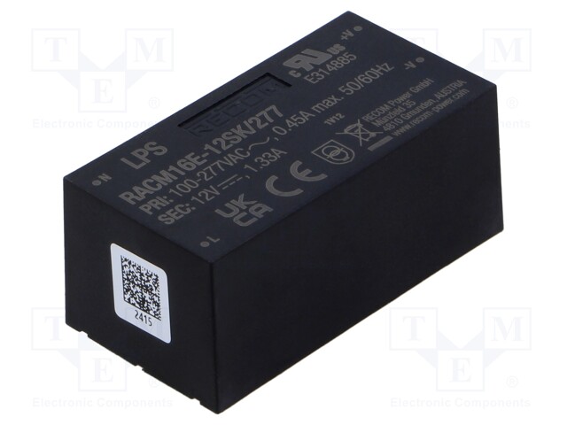 Converter: AC/DC; 16W; 85÷305VAC; Uout: 12VDC; Iout: 1.33A; 84.5%