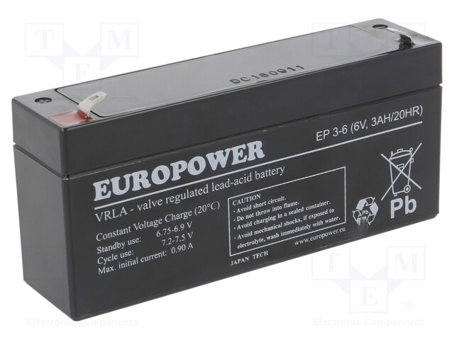 Re-battery: acid-lead; 6V; 3Ah; AGM; maintenance-free; 134x34x66mm