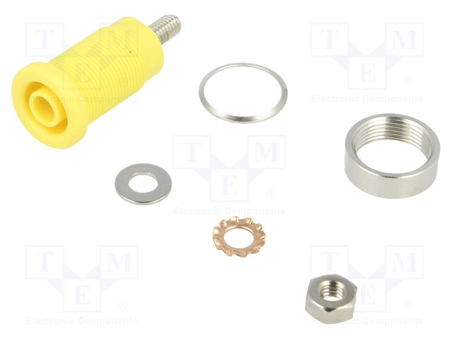 Socket; 4mm banana; 32A; yellow; nickel plated; screw,on panel