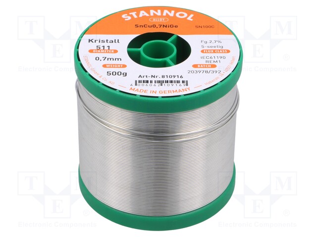 Soldering wire; Sn99,3Cu0,7+NiGe; 0.7mm; 0.5kg; lead free; 227°C