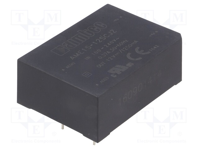 Converter: AC/DC; 15W; Uout: 12VDC; Iout: 1.25A; 80%; Mounting: PCB