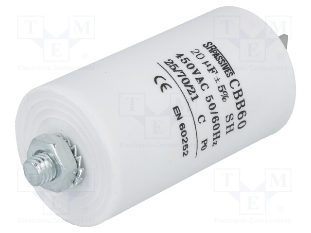 Capacitor: motors, run; 20uF; 450V; Ø40x70mm; -25÷70°C; ±5%; 3000h