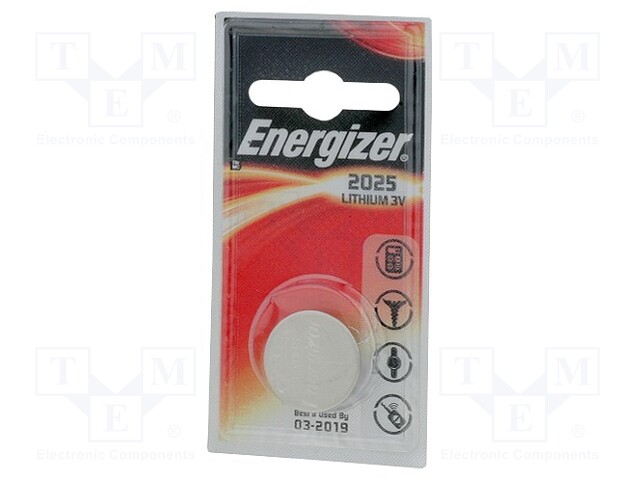 Battery: lithium; 3V; CR2025,coin; Batt.no: 1; non-rechargeable