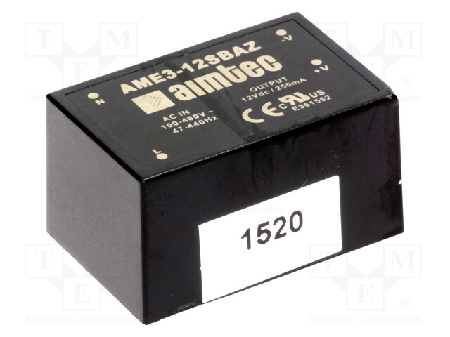 Converter: AC/DC; 3W; Uout: 12VDC; Iout: 0.25A; 72%; Mounting: PCB