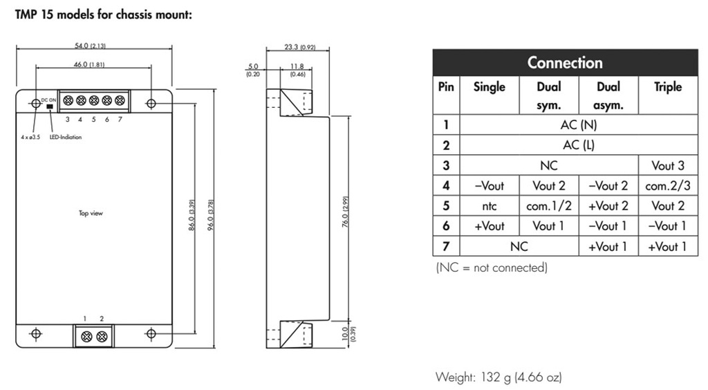 Converter: AC/DC; 15W; Uout: 15VDC; Iout: 1A; 79%; Mounting: on panel