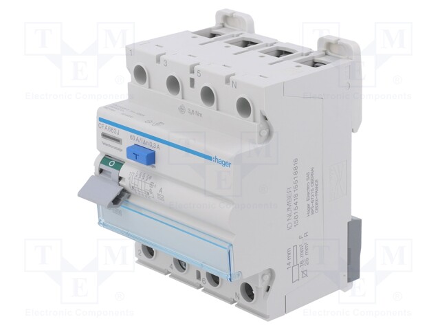 RCD breaker; Inom: 63A; Ires: 300mA; Max surge current: 250A; DIN