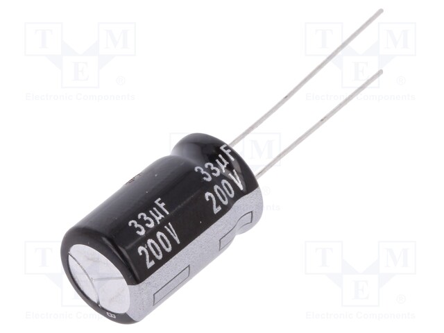 Capacitor: electrolytic; THT; 33uF; 200VDC; Ø12.5x20mm; Pitch: 5mm