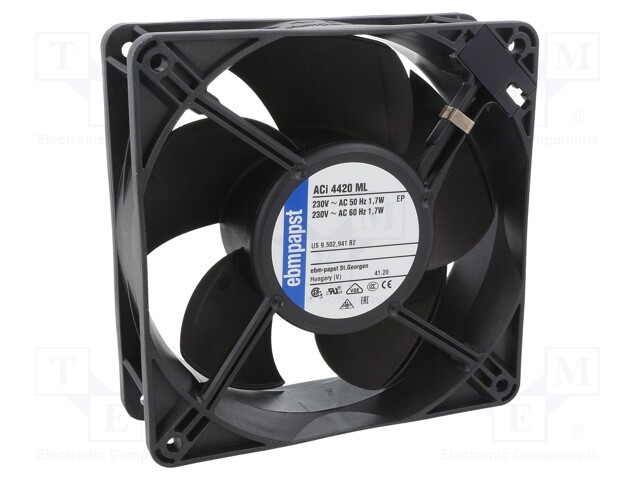 Fan: EC; axial; 230VAC; 119x119x38mm; 100m3/h; 25dBA; ball bearing