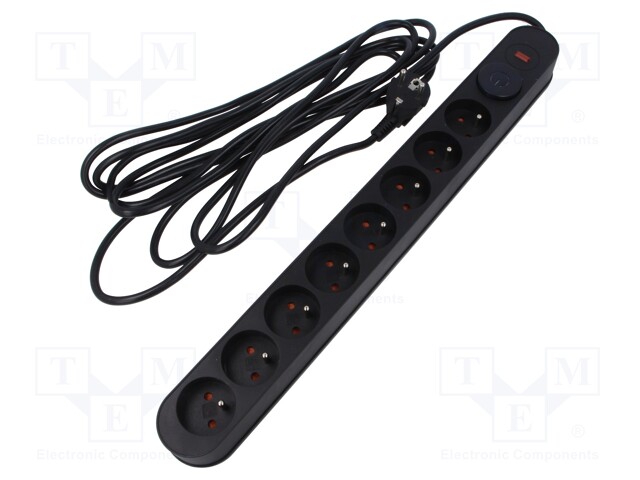 Plug socket strip: protective; Sockets: 8; 230VAC; 10A; black; 1.5m