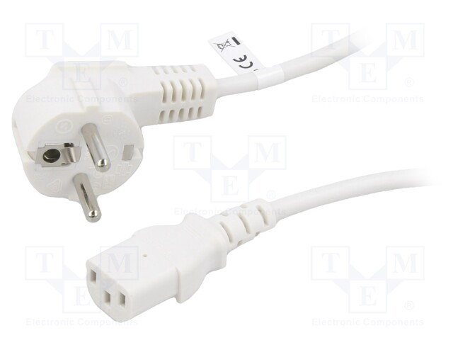 Cable; CEE 7/7 (E/F) plug angled,IEC C13 female; PVC; 3m; white