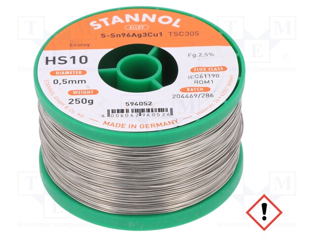 Soldering wire; Sn96Ag3Cu1; 0.5mm; 0.25kg; lead free; 217÷220°C