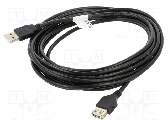 Cable; USB 2.0; USB A socket,USB A plug; gold-plated; 5m; black