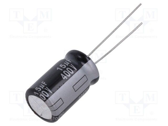 Capacitor: electrolytic; THT; 15uF; 400VDC; Ø12.5x20mm; Pitch: 5mm