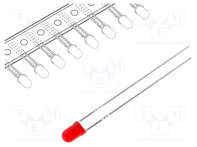 LED; 3mm; red; 8÷50mcd; 60°; Front: convex; Package: tape; 2000pcs.