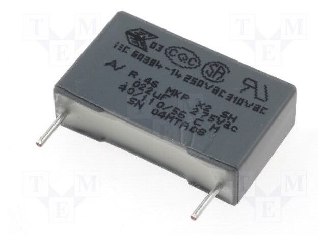 Capacitor: polypropylene; X2; 22nF; 15mm; ±20%; 18x5x11mm; 275VAC