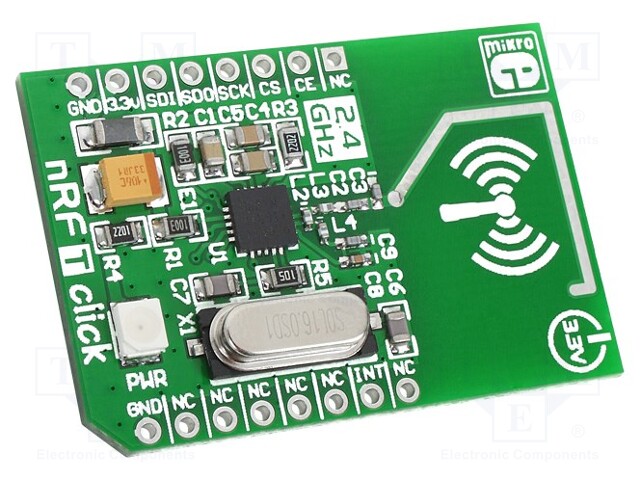 Click board; RF transceiver; SPI; nRF24L01P; mikroBUS connector