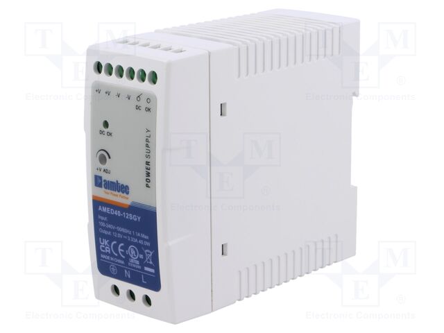 Power supply: switched-mode; for DIN rail; 40W; 12VDC; 3.33A; 3kV