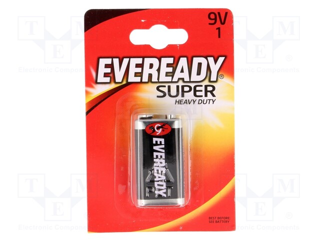 Battery: zinc-chloride; 9V; 6F22; Eveready Super Heavy Duty