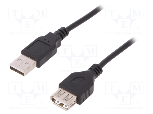 Cable; USB 2.0; USB A socket,USB A plug; nickel plated; 3m; black