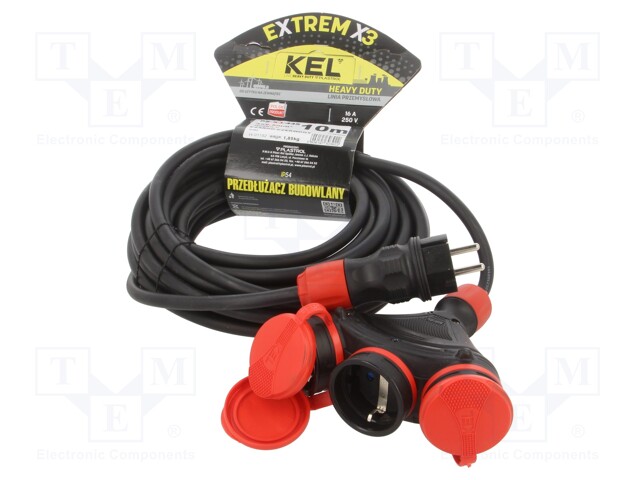 Extension lead; Sockets: 3; rubber; black; 3x1,5mm2; 10m; 16A