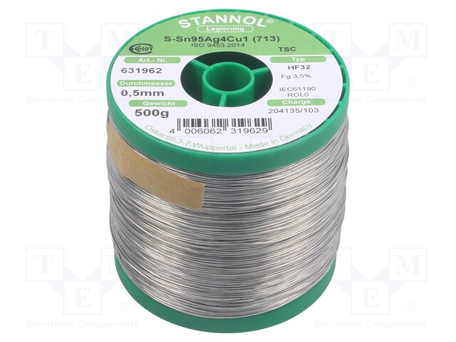 Soldering wire; Sn95Ag4Cu1; 500um; 0.5kg; lead free; Package: reel