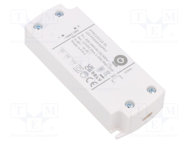 Power supply: switched-mode; LED; 15W; 12VDC; 1.25A; 200÷240VAC