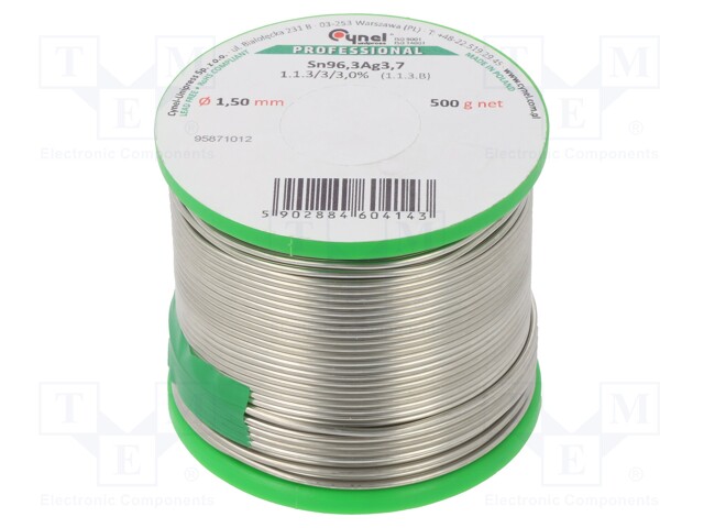 Soldering wire; Sn96,3Ag3,7; 1.5mm; 0.5kg; lead free; 2.5%