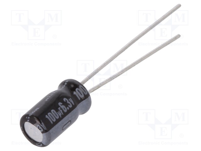 Capacitor: electrolytic; THT; 100uF; 6.3VDC; Ø5x9mm; Pitch: 2mm