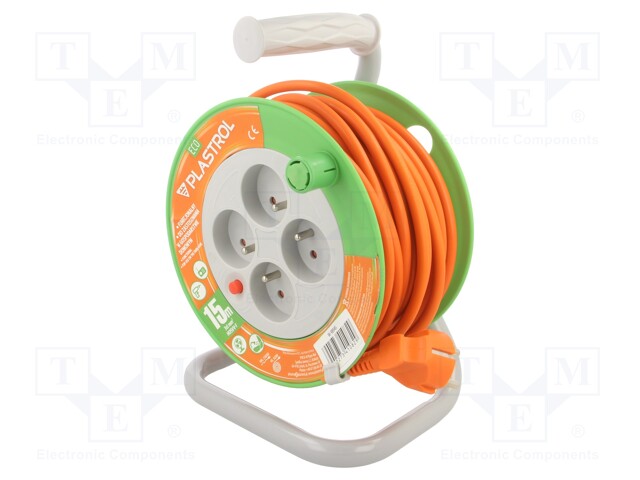 Extension lead; reel; Sockets: 4; PVC; orange; 3x1mm2; 15m; 10A