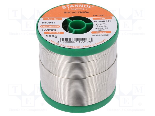 Soldering wire; Sn99,3Cu0,7+NiGe; 1mm; 0.5kg; lead free; 227°C