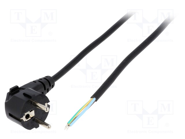 Cable; CEE 7/7 (E/F) plug angled,wires; 2m; black; PVC; 3x0,75mm2