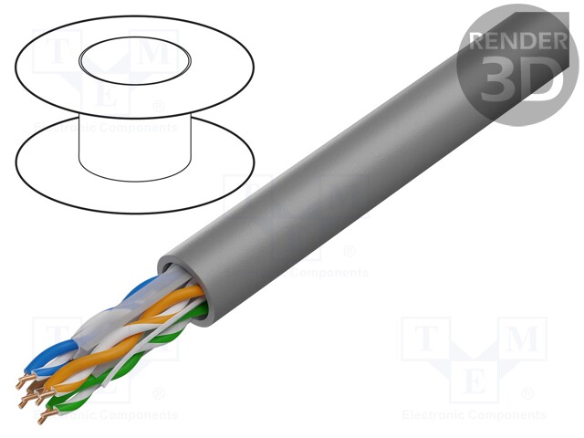 Wire; U/UTP; 6a; solid; Cu; 4x2x23AWG; LSZH; grey; 305m; 300V; CPR: Eca