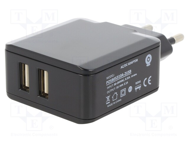 Power supply: switched-mode; voltage source; 5VDC; 3A; 15W; plug