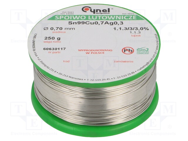 Soldering wire; Sn99Ag0,3Cu0,7; 700um; 250g; lead free; 216÷227°C