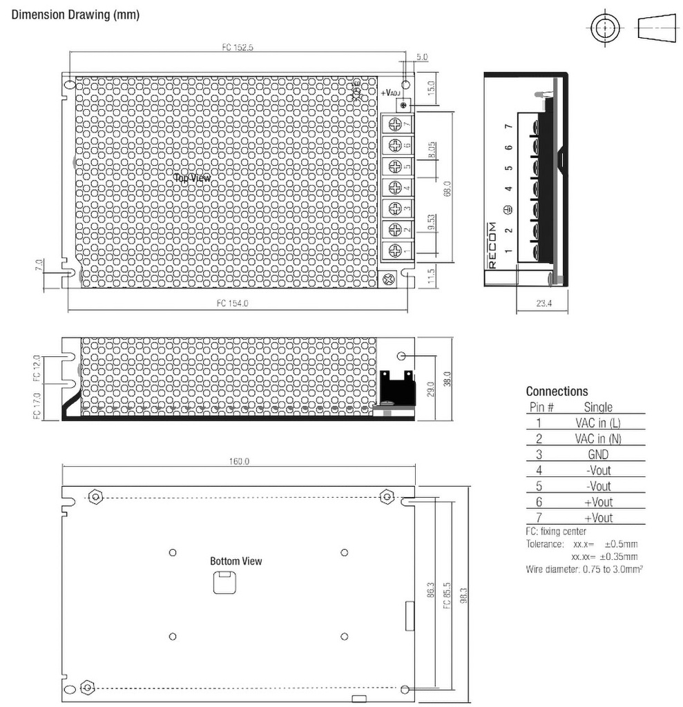 Power supply: switched-mode; modular; 150W; 12VDC; 160x98x38mm