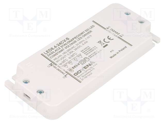 Power supply: switched-mode; LED; 8.4W; 24VDC; 0.35A; 185÷265VAC