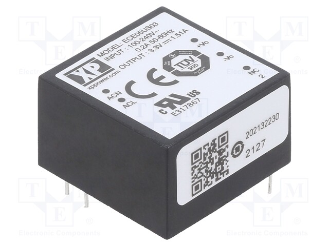 Power supply: switched-mode; 5W; 3.3VDC; 1510mA; OUT: 1; 16g; 74%