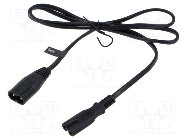 Cable; 2x0.5mm2; IEC C7 female,IEC C8 male; PVC; 1m; black; 2.5A