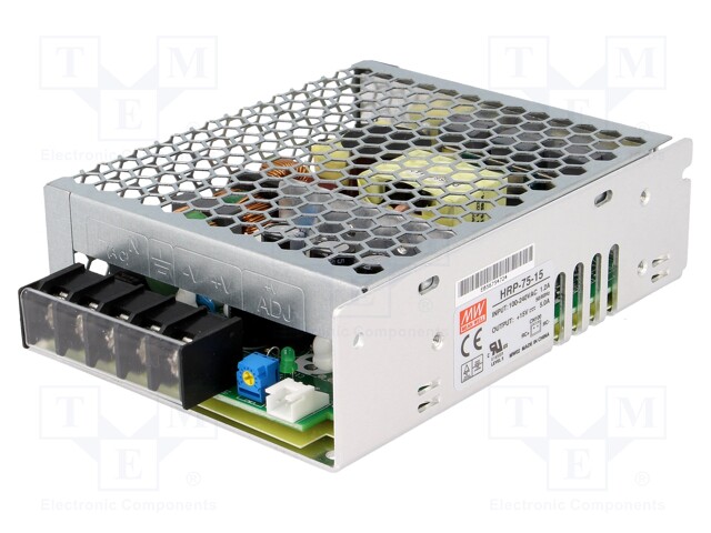Power supply: switched-mode; modular; 75W; 15VDC; 129x98x38mm